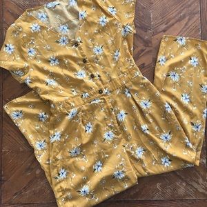 Yellow button-front floral jumpsuit